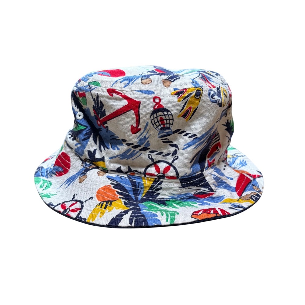 Polo Ralph Lauren Reversible Bucket Hat Navy Blue Nautical Polo Bear Print - Picture 5 of 5